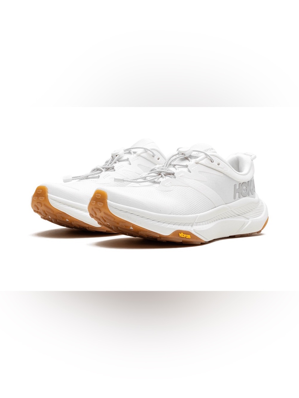 Hoka White Running Shoe with Gum Outsole and Grey Logo